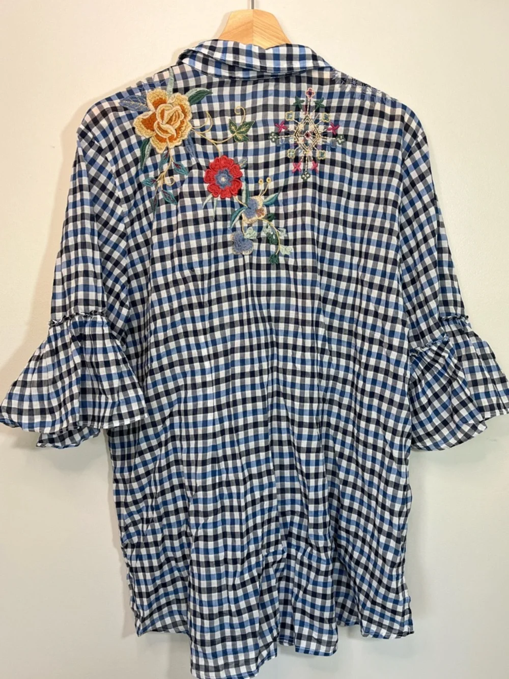Johnny Was Blue Gingham Embroidered Peasant Tunic - Picture 6 of 12